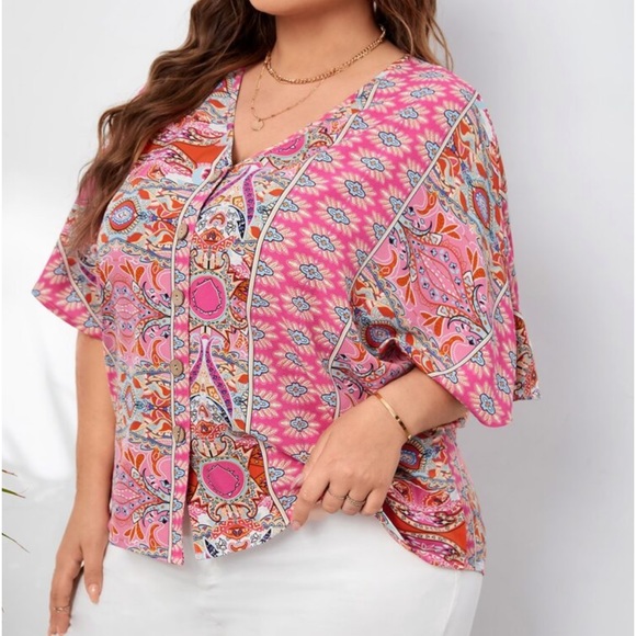 Boho Plus Size Paisley Print Top Blouse Shirt Pink - Picture 4 of 4